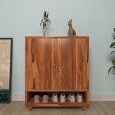 ONIJA Shoe Rack 3 Shelf Solid sheesham Wood Shoe Rack Cabinet (Honey Finish)